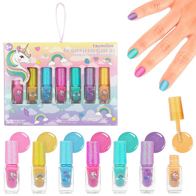7Pc Unicorn Shimmer Nail Polish Set for Girls - Glitter Cap, Non-Toxic Quick Dry