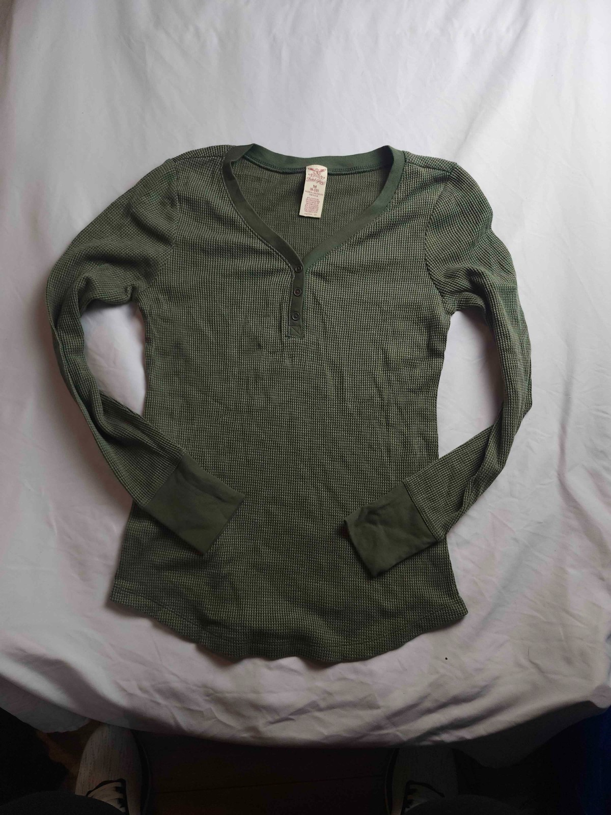 Faded Glory Henley Shirt Women Medium 8/10 Green Waffle Knit Thermal Long Sleeve