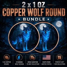 *TWO COIN BUNDLE* Moonlit Wolf Copper Round UV Printed Design In Capsule 1 Oz