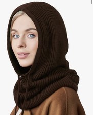 Hooded Scarf Hat Knit Balaclava Women Beanie Skull Cap with Drawstring Warm Wint