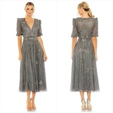 MAC DUGGAL Pewter Gray Sequin Beaded V Neck Gown Puff 1/4 Length Slv Sz 16 5995