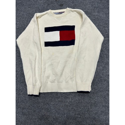 Tommy Hilfiger, Tommy Hilfiger Sweater Mens Size M Cream Flag Knit Crewneck Pullover Vintage