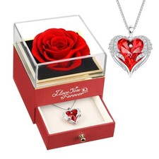 Preserved Real Rose with Angle Wings Necklace, Mothers Day Flowers Gifts Red