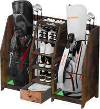 Golf Bag Storage Organizer for Garage, Premium Wooden 2 Golf Bags Rack with Draw
