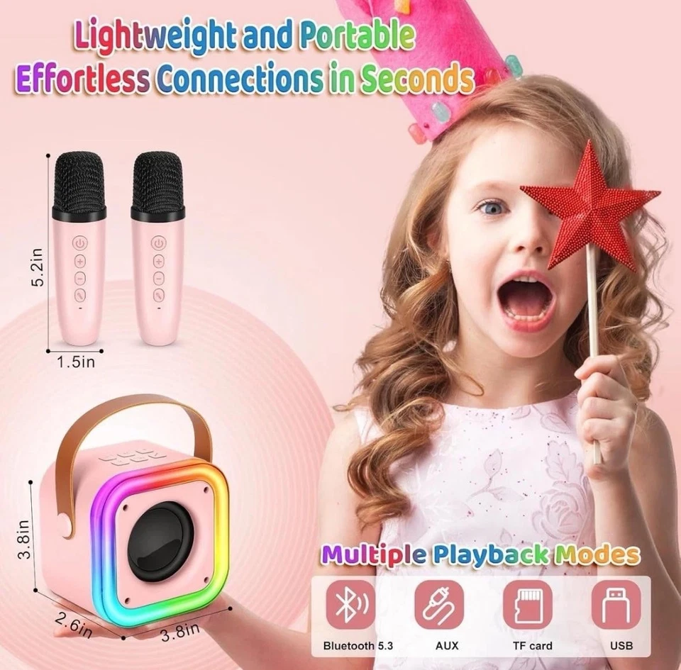 Portable Mini Karaoke Machine Loud 2 Wireless Microphones Bluetooth LED Lights - Image 3 of 4