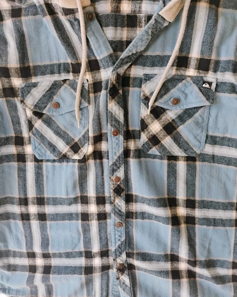 Quiksilver Men's Hooded Flannel, Hood With Drawstring, Midweight Blue Plaid - Image 3 of 4