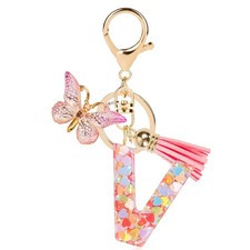 Initial Letter Keychain Cute Keychain Butterfly Pink Sequins Alphabet Resin N...