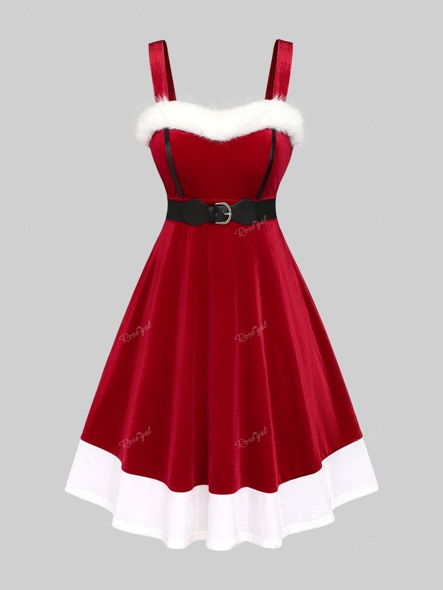 christmas dress rosegal Rosegal Plus Size Fur Trim Velvet Dess with Belt Christmas Women Dresses  New Fem