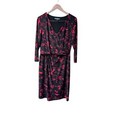 Lauren Ralph Lauren 3/4 Sleeve Jersey Stretch Floral Print Dress Red Black 12
