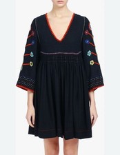ULLA JOHNSON Masha Floral Embroidered Silk Pleated Tunic Dress Midnight 6 $595