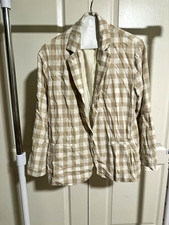 Beige White Plaid Women's Mid-Length Blazer Suit Jacket, Long Sleeve Pockets