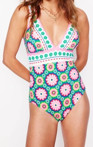 Boden Porto V-Neck Swimsuit Floral Size 18 Regular Non Wired Padded Deep Plunge