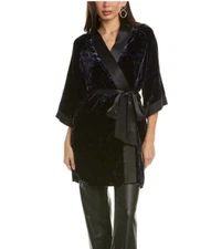 NEW Diane Von Furstenberg S Crushed Velvet Kimono Jacket BlueBlack Robe $498 A36