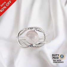 925 Silver Rose Quartz Stone Statement Engagement Band Heart Chakra Trendy Ring