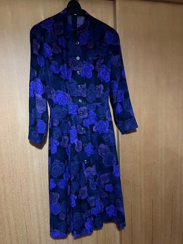 Cacharel, CACHAREL Vintage Showa Retro Dress Wool Black Purple Pink Roses Shoulder Pads M