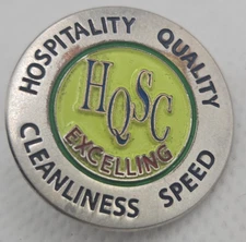 Pizza Hut HQSC Employee Award Pin Hospitality Quality Cleanliness Speed Badge