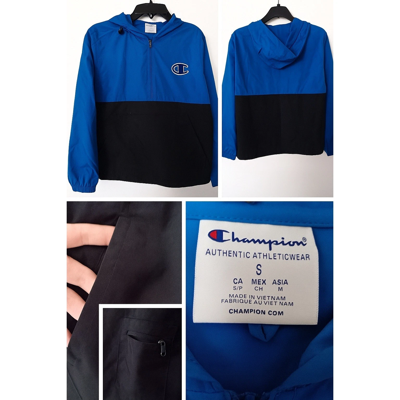 Champion Windbreaker Hoodie Unisex S 1/2 Zip Pullover Casual Outings 3 Pockets