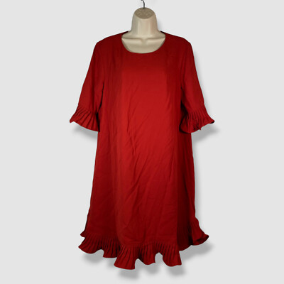 Alfani Women's Red Pleated Ruffled Flounce Crewneck A-Line Dress Size 12 