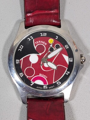Bijoux Terner Womens Red Modernist Abstract Faux Leather Band Watch Silver Tone