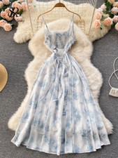2024 Women Floral Dress Elastic Ruched Backless Party Dress Summer Boho Vacation