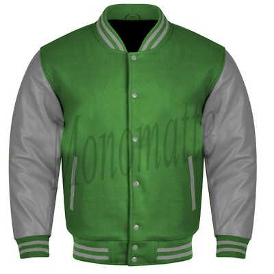 Varsity Letterman D-Green wool Genuine Gray Leather Sleeves bomber Jacket 