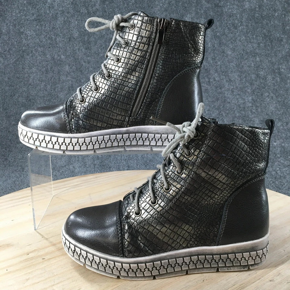 High Top Casual Shoes Youth 34 Sneakers Gray Leather Round Toe Zipper Snakeskin - Imagem 2 de 4