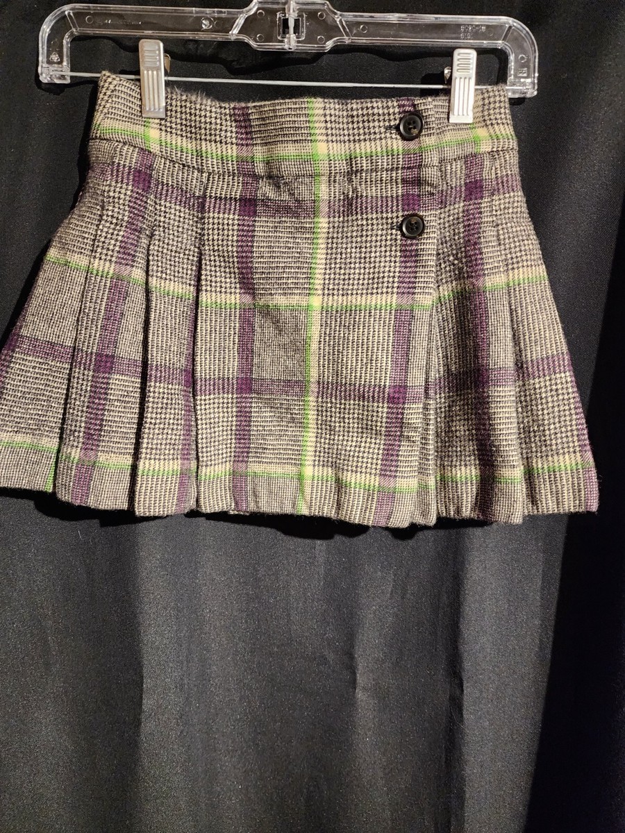 Plus Size Green Plaid Wool Skirt Bonpoint, Purple/green/tan/black
