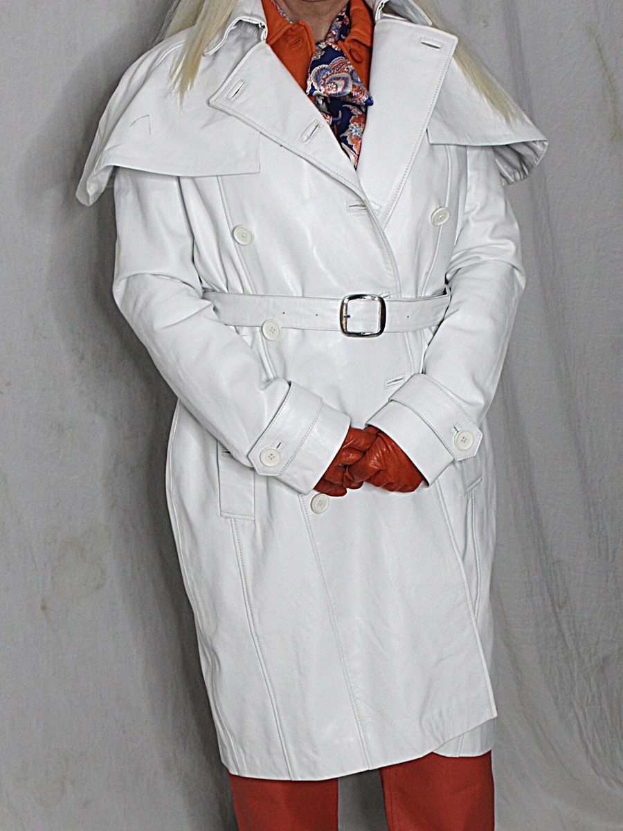 Womens Leather Trench Coat White S-M SOFT Lambskin Vintage 70s 80s