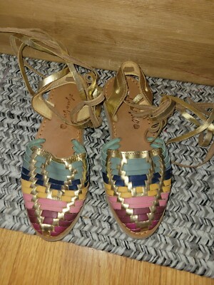Agave Girl Leather Sandal Girl Sz 5 Aztec Design Huaraches Rainbow w/Gold Straps