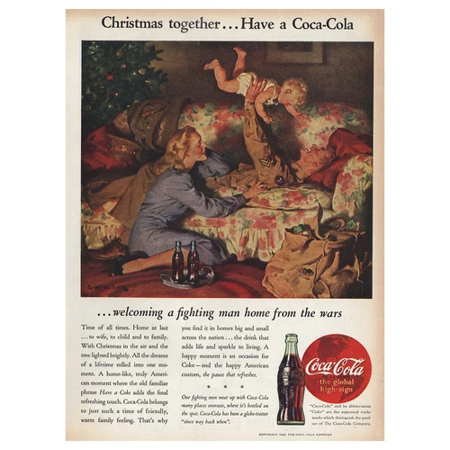 1945 Coca Cola: Christmas Together Welcoming Fighting Man Vintage Print Ad