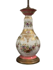 Antique French Old Paris Pink Floral Bird Porcelain Urn Vase Table Lamp