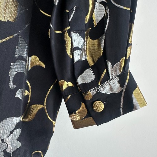 Vintage Silk Shirt Mens Small Black Gold Glam Baroque Metallic Rave Disco Party - Picture 10 of 13
