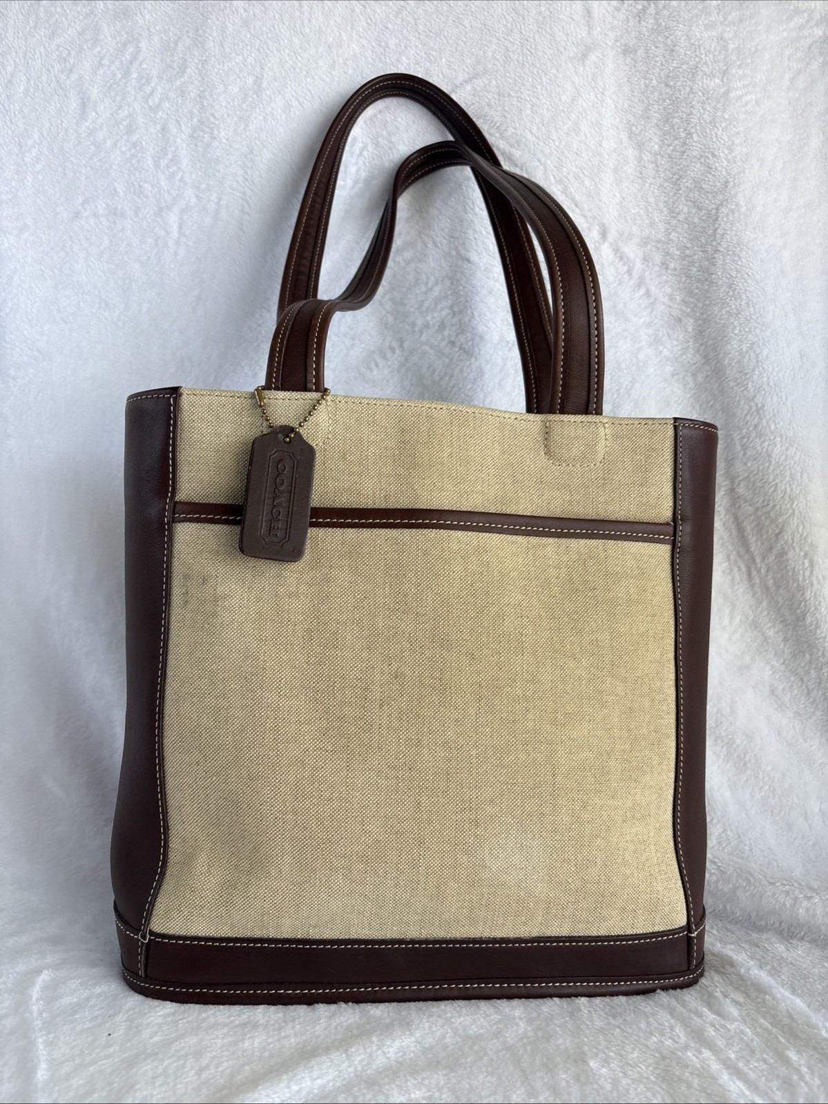 Vintage COACH Bleecker Linen Tote Bag Brown Leather 6122 90s USA