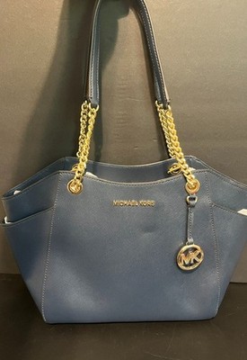 Michael Kors Jet Set Large Chain Saffiano Leather Shoulder Tote Bag Blue NWOT