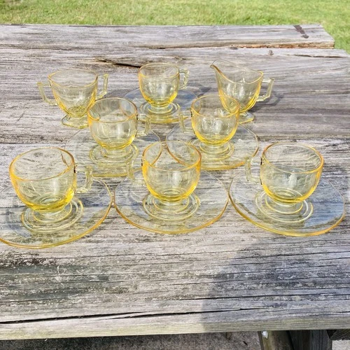 Vintage Fostoria Mayfair 14 piece Dami. Set Creamer, Sugar, Cups & Saucers Topaz