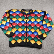 Vintage 100 Baby Alpaca Wool Cardigan Knit Sweater Colorful Fan Peru Sz Small