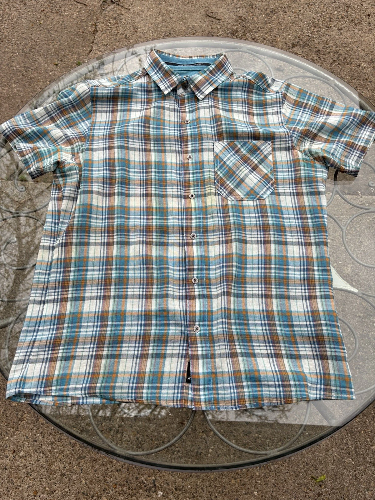 Kuhl Shirt Button Up Short Sleeve Green Plaid Hiking Shirt Men's Size Medium EUC