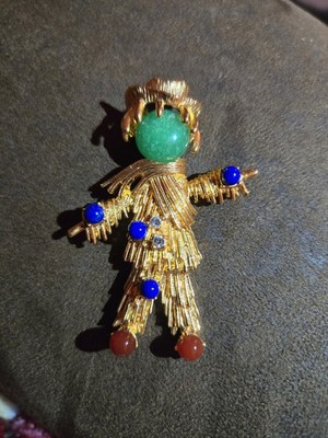 Gold Tone Scarecrow Brooch with Jade, Blue,  Red Stones Jacqueline Kennedy JBK