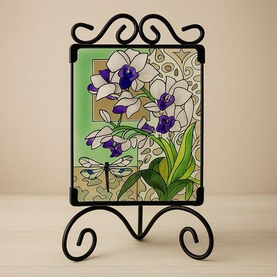 Joan Baker Stained Glass Candle Holder Orchid Dragonfly Floral Art Gift