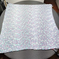 Handmade Crochet Baby Blanket in Pastel Purple Teal and White Yarn 39 x 43in