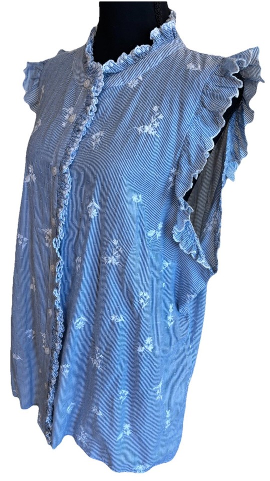Talbots Ruffle Top NWT Talbots 2X Blue White Embroidered Floral Spring Ruffle Coastal Boho ...