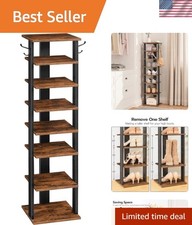 8 Tiers Vertical Shoe Rack, Wooden Shoe Storage Organizer with Hooks, Narrow ...