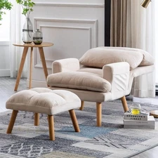 Set of 2 Modern Accent Chair Ottoman Soft Fabric Adjustable Backrest Side Pocket