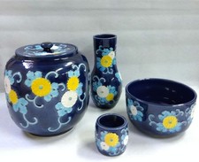 Japanese tea set with chrysanthemum arabesque, dark blue background, all utensil