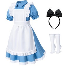 Blue Dress Halloween Cosplay Costume with Apron, Bow, and Stockings Set