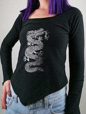 Y2K Silver Dragon Print Top Flared Bell Sleeves Whimsy goth T