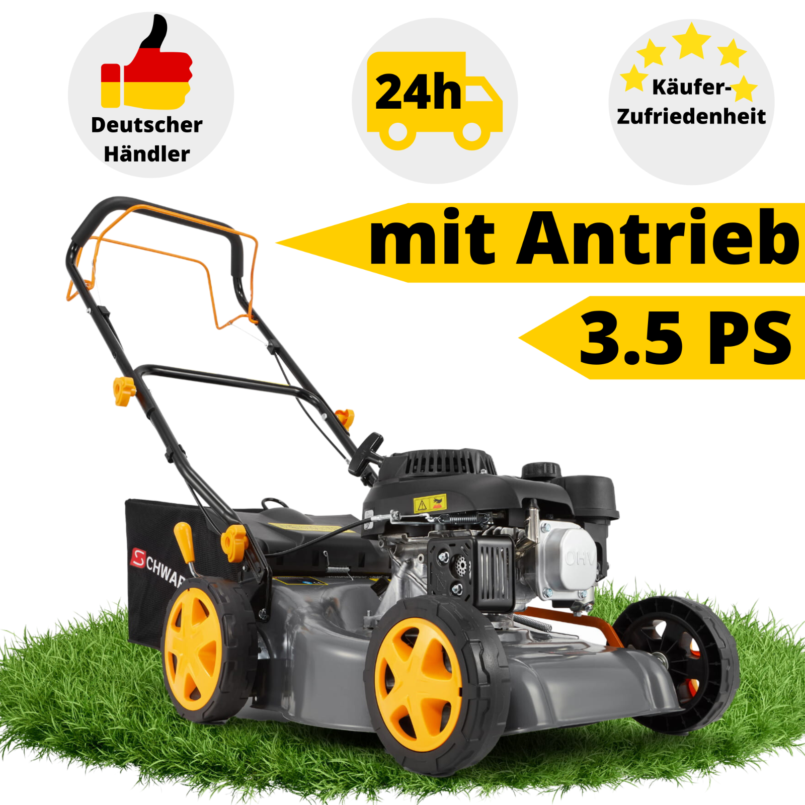 Rasenmäher Benzin mit Antrieb 3.5 PS Motormäher Mulchen Mäher