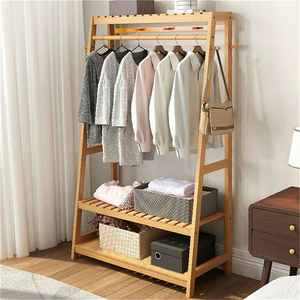 Bamboo Clothes Rail Garment Rack Hanging Stand Coat Wardrobe