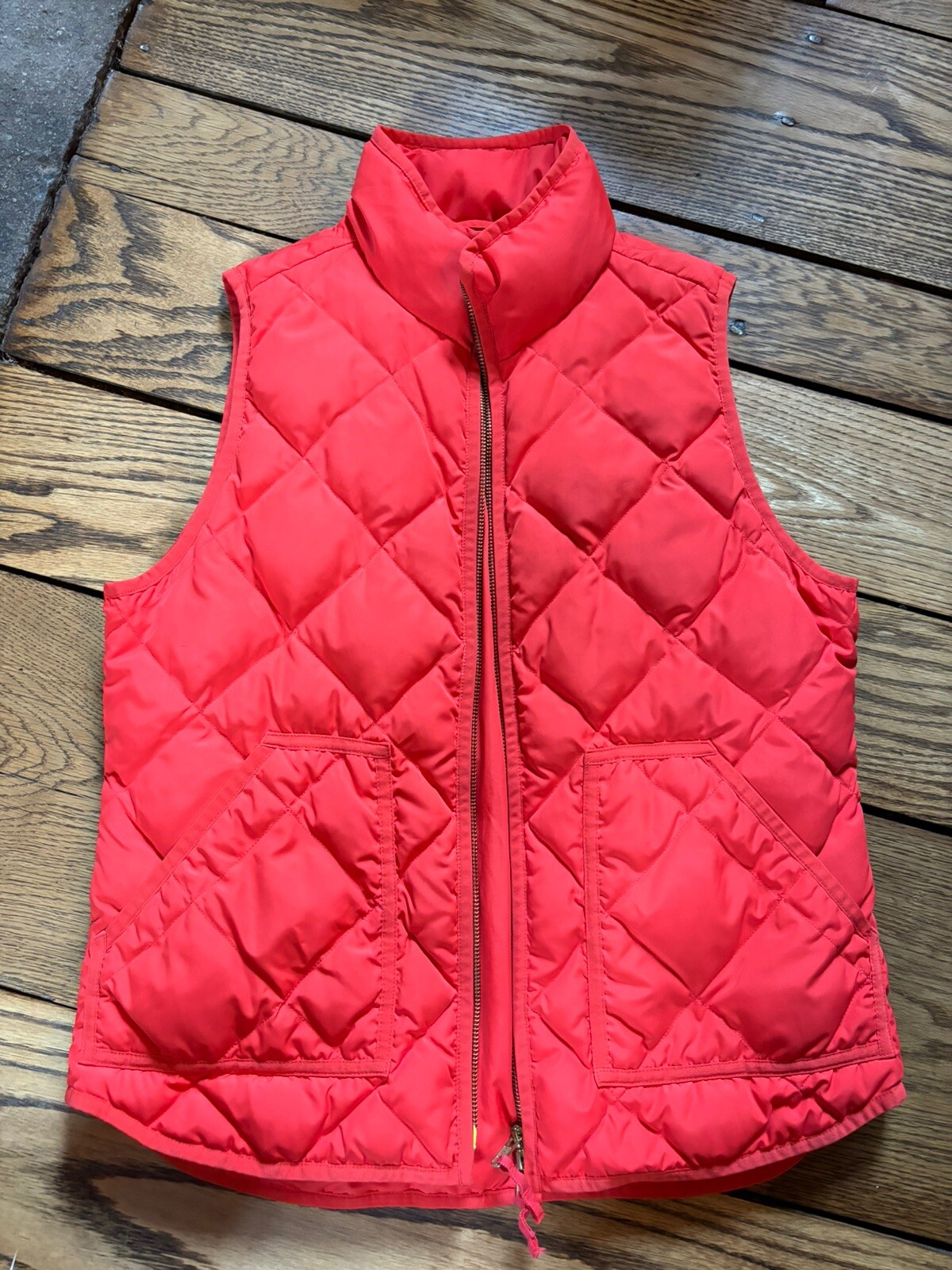 J Crew Quilted Puffer Down Orange Women Vest Size M Full Zip Pockets eBay