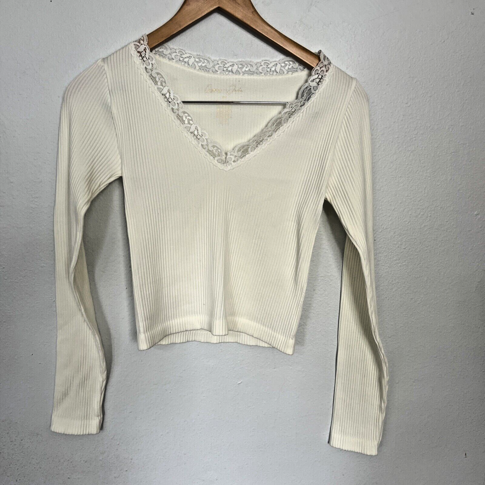 Crop Top Womens XS S Ivory Ribbed Y2K Coquette Fairycore Blouse-image